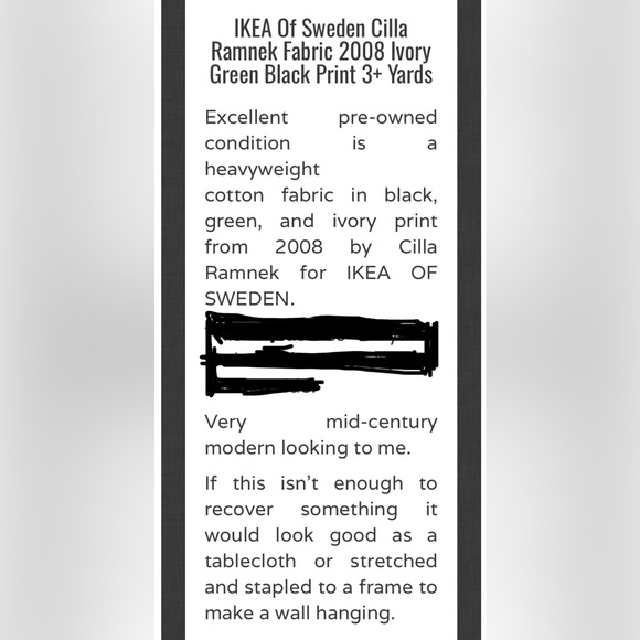 IKEA of Sweden Cella Ramnek 2008 heavy fabric modern design! Size 78”x 58”.5 - Picture 6 of 7